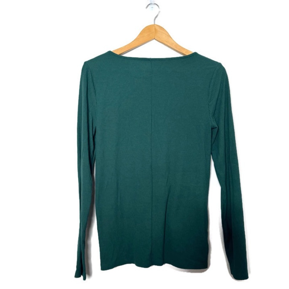 Loft Ruffle Neckline Green Ribbed Long Sleeve Blouse Size Medium - Picture 3 of 7